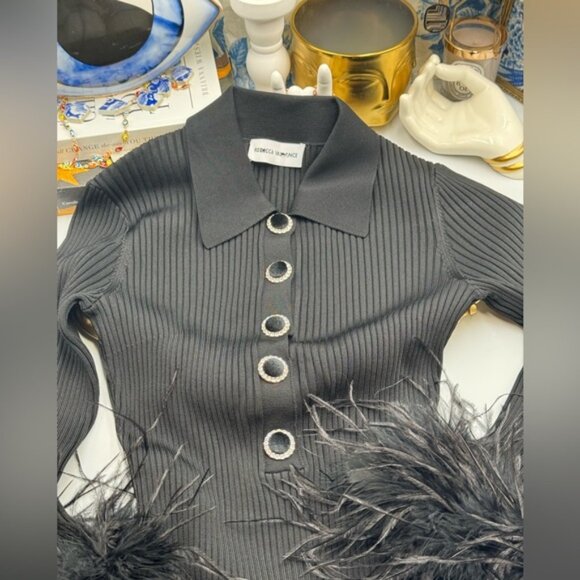 🆕 REBECCA VALLANCE 🧿 NWOT Soraya Feather-Trimmed Knit Midi Dress, Black - Sz S - Picture 13 of 14